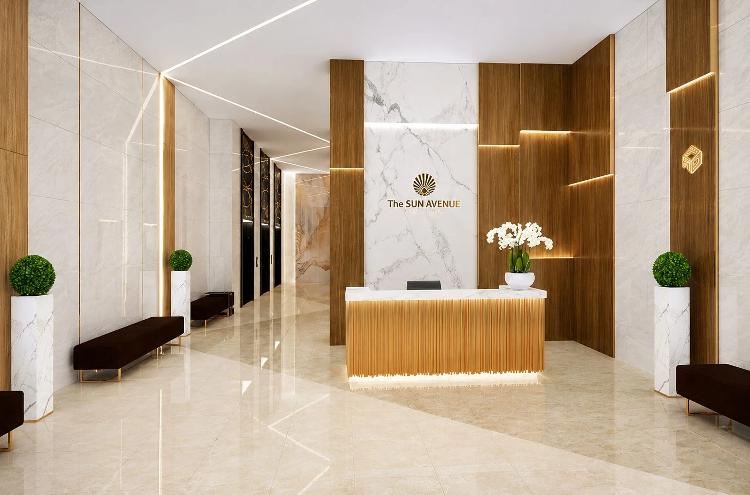 Không gian sảnh lễ tân ốp đá cẩm thạch sang trọng tại các tòa tháp The Sun Avenue