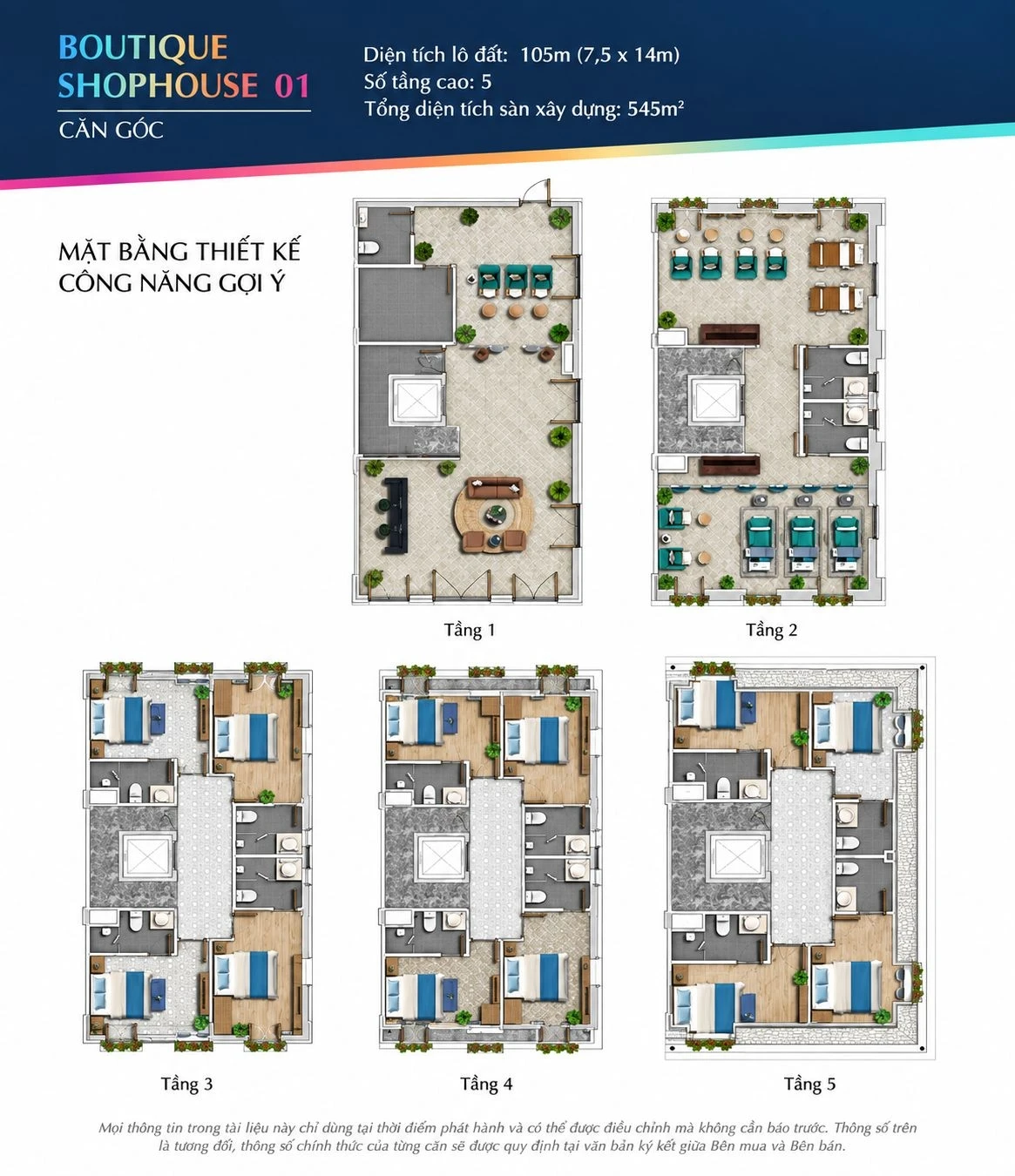 Bản vẽ layout 5 tầng của shophouse căn góc hai mặt tiền tại Sun Premier Village Kem Beach Resort