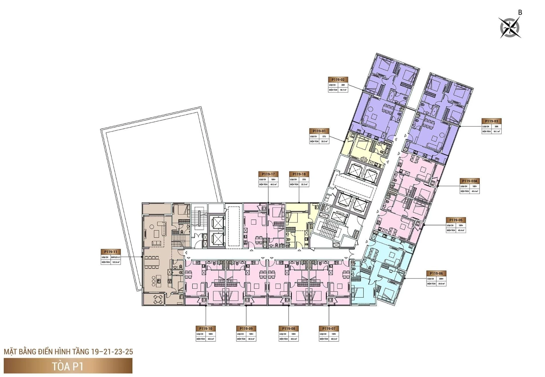 Layout mặt bằng tầng 19, 21, 23, 25 tòa P1 dự án Sun Cosmo Residence