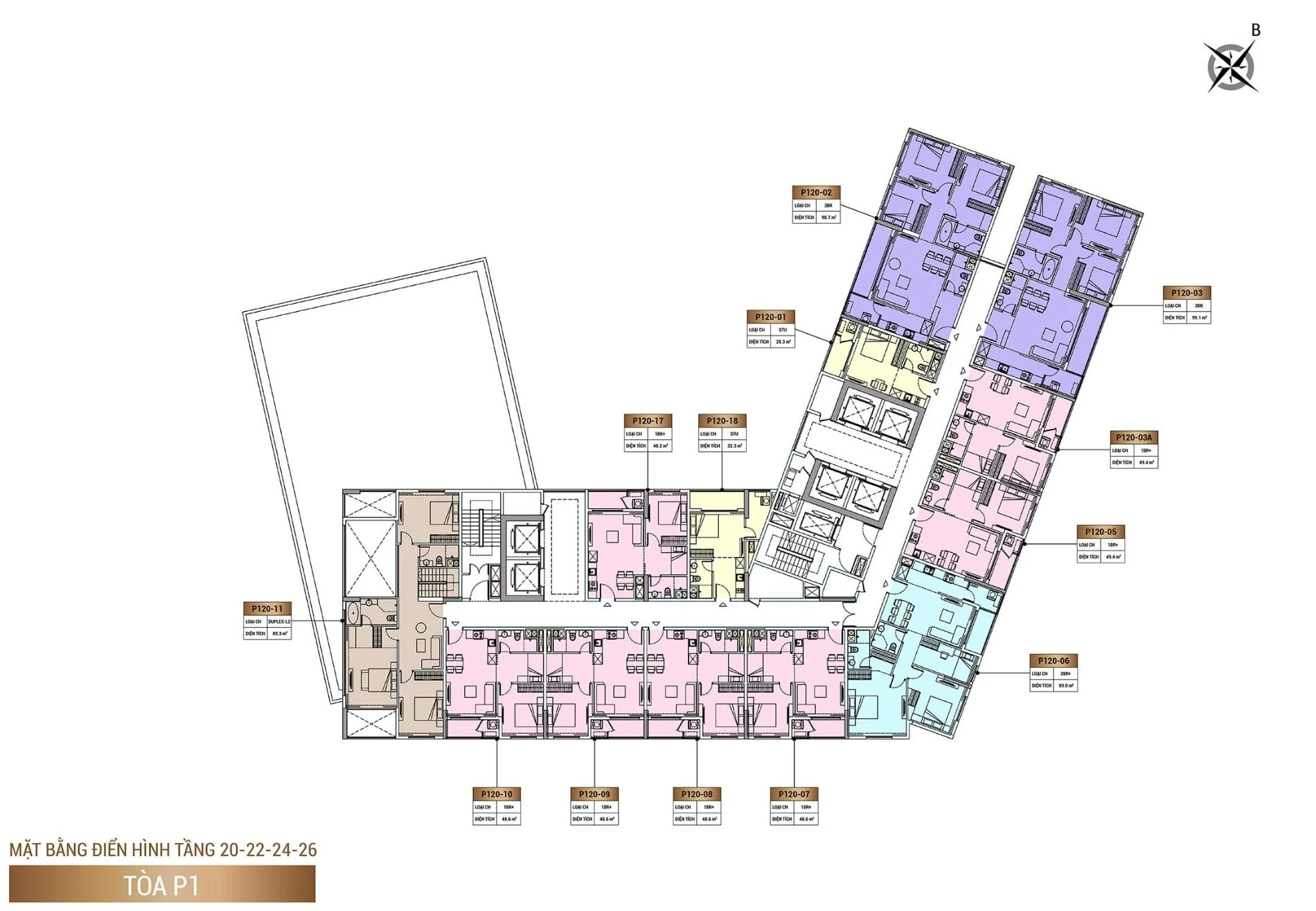 Layout mặt bằng tầng 20, 22, 24, 26 tòa P1 dự án Sun Cosmo Residence
