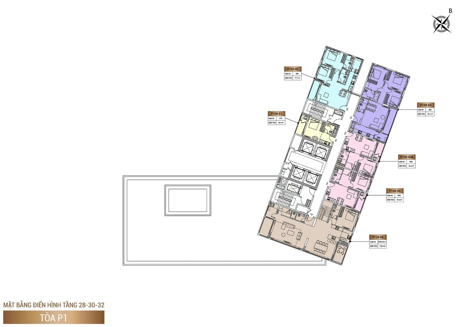 Layout mặt bằng tầng 28, 30, 32 tòa P1 dự án Sun Cosmo Residence