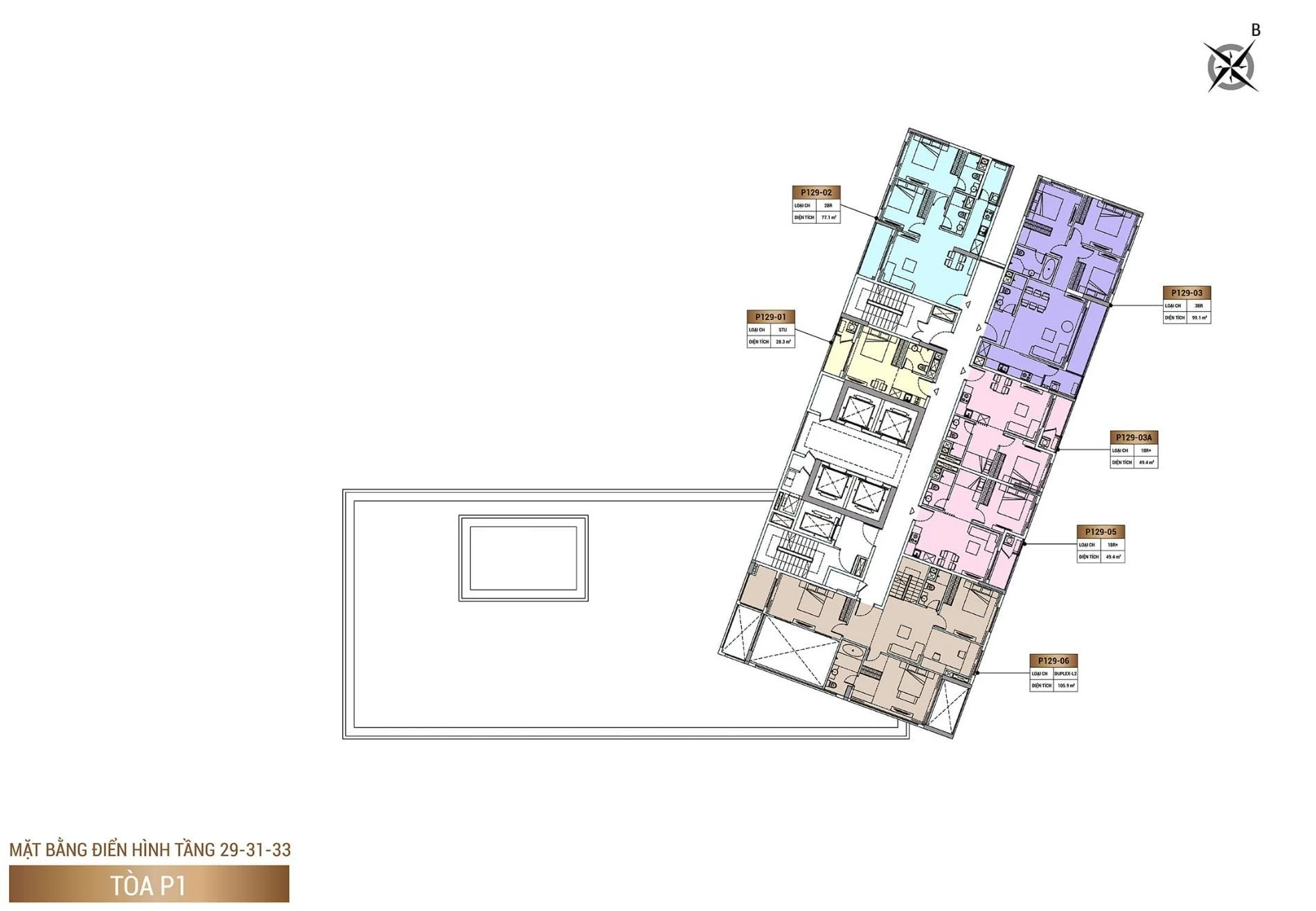 Layout mặt bằng tầng 29, 31, 33 tòa P1 dự án Sun Cosmo Residence