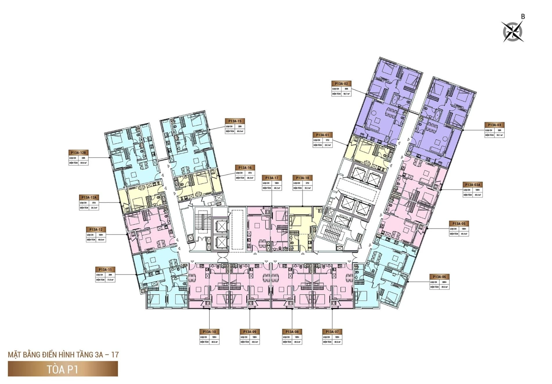 Layout mặt bằng tầng 3A đến 17 tòa P1 dự án Sun Cosmo Residence