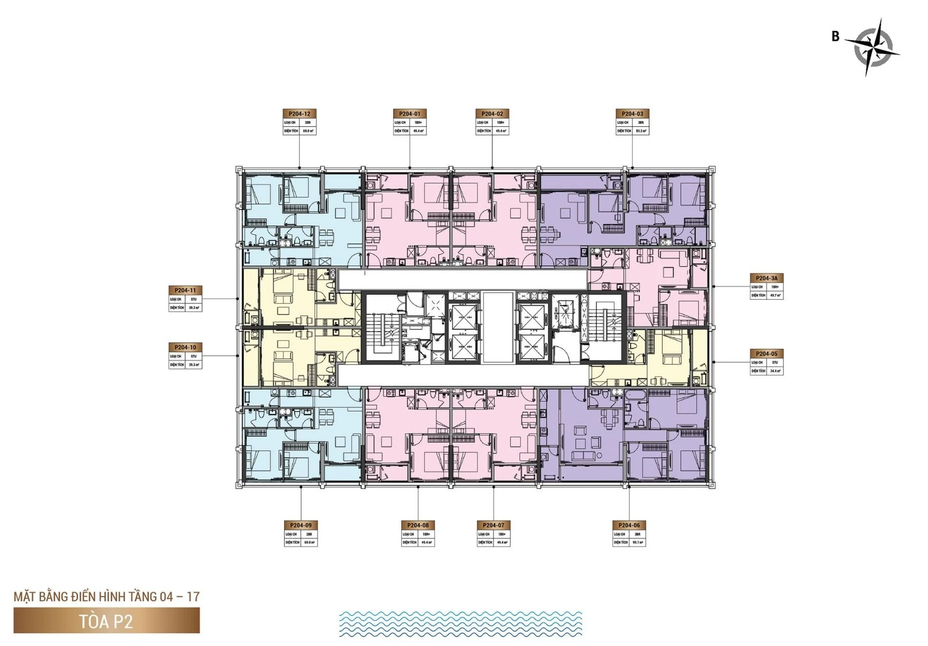 Layout mặt bằng tầng 4 đến 17 tòa P2 dự án Sun Cosmo Residence