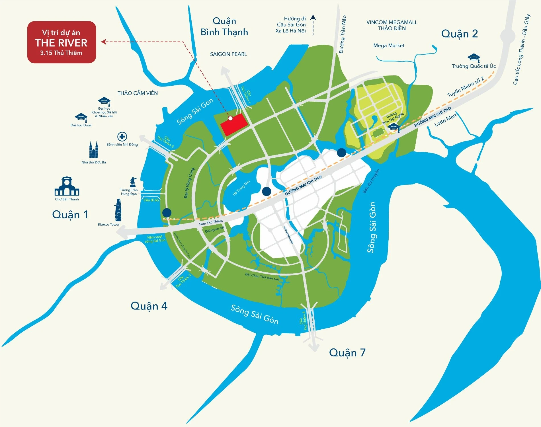 Bản đồ vị trí dự án The River Thủ Thiêm thể hiện mạng lưới giao thông kết nối Đại lộ Vòng Cung và các cây cầu trọng điểm