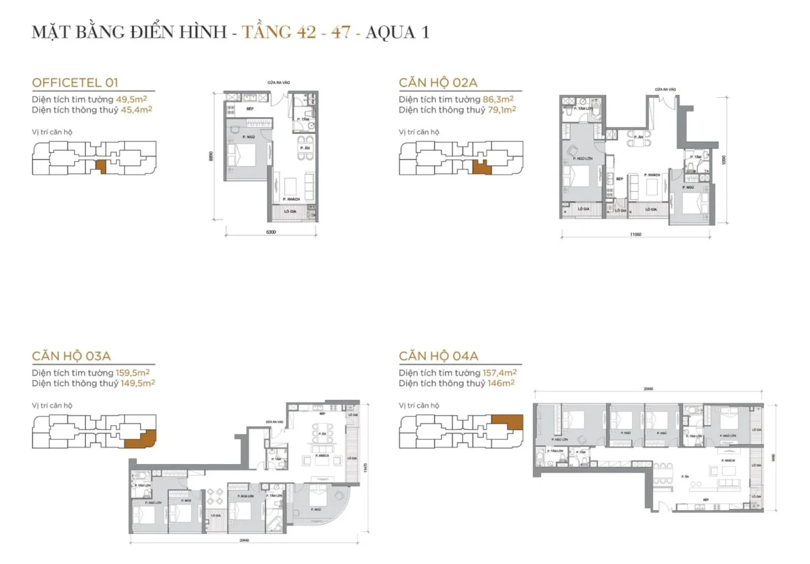 Bản vẽ chi tiết mặt bằng Officetel 01 và các Căn hộ lớn 02A, 03A, 04A tại tầng 42-47 Tòa Aqua 1.