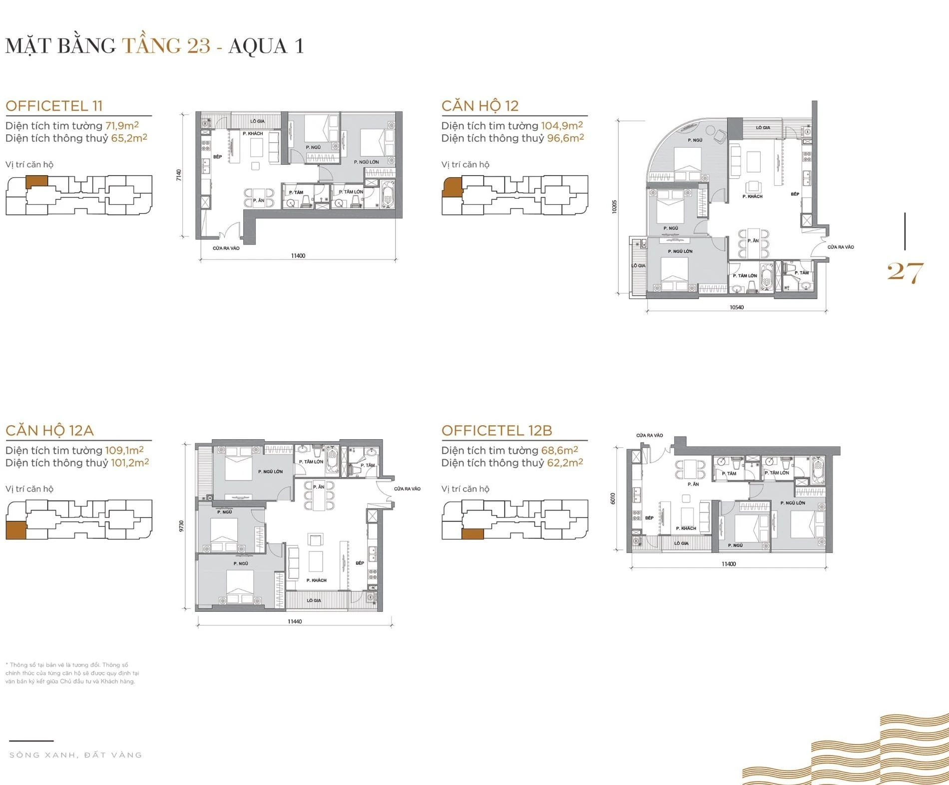Bản vẽ chi tiết mặt bằng các căn Officetel 11, 12B và Căn hộ 12, 12A tại tầng 23 Tòa Aqua 1.