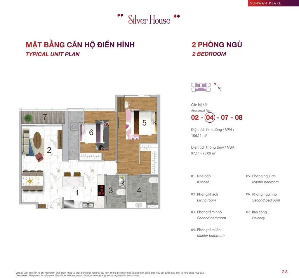 Thiết kế layout căn hộ 2 phòng ngủ tháp Silver House dự án Sunwah Pearl