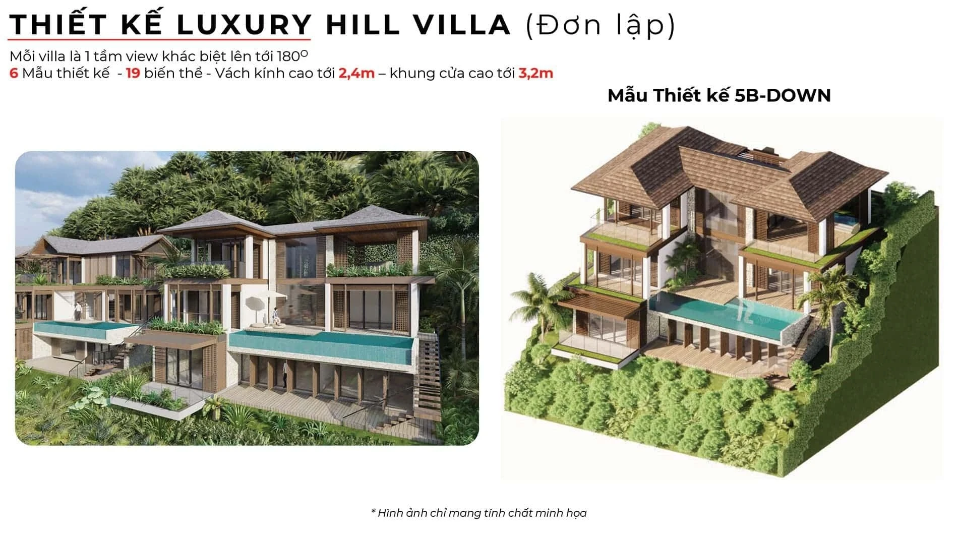Bản vẽ phối cảnh kiến trúc và mặt cắt địa hình của mẫu biệt thự đơn lập Luxury Hill Villa 5B-DOWN.