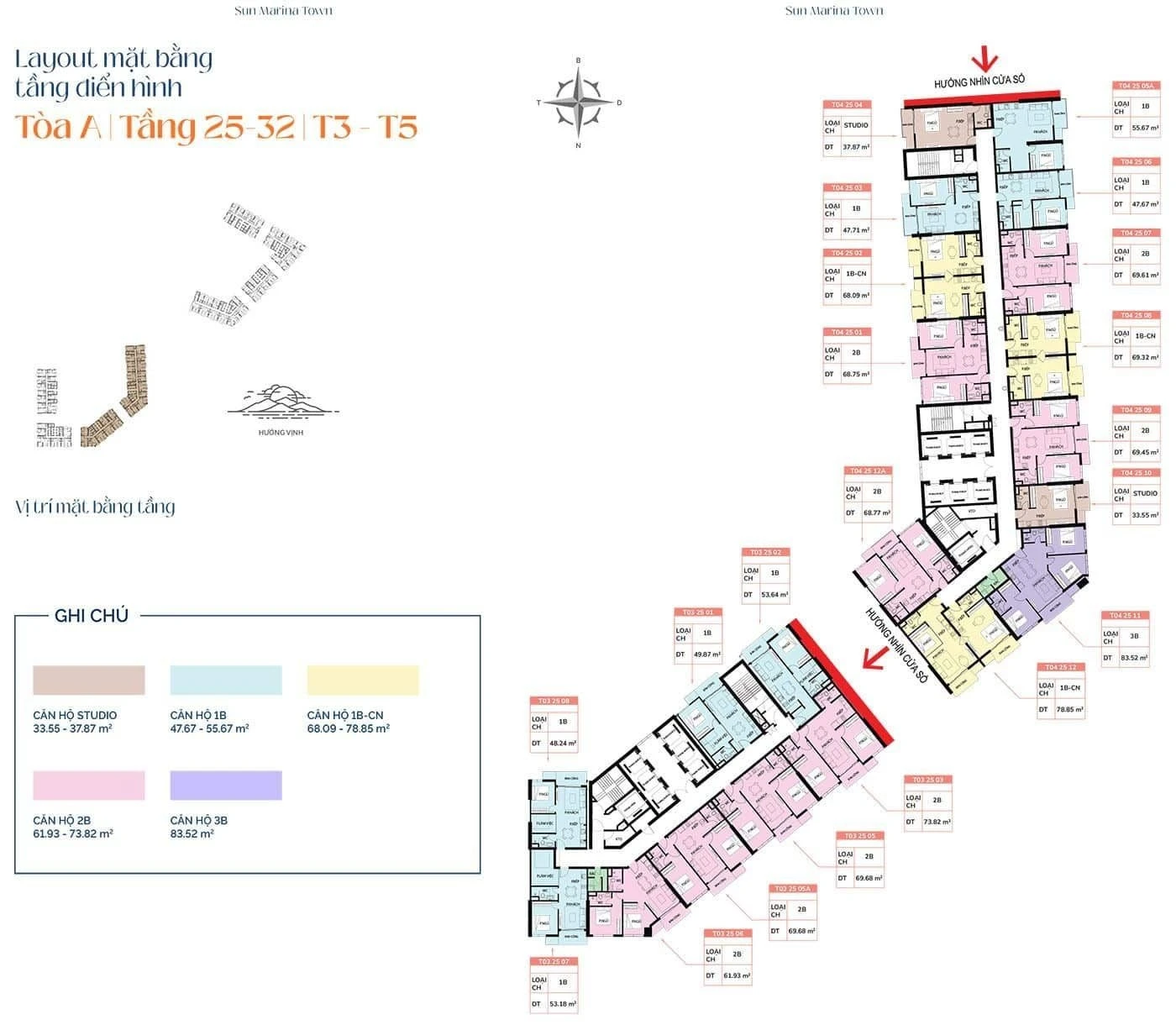 Layout mặt bằng tầng điển hình 25-32 tháp A block T3 T5 dự án Sun Marina Town