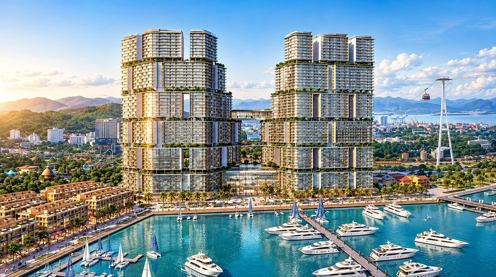 Hai tòa tháp Sun Marina Town nằm ngay sát bến du thuyền và ngọn hải đăng Bãi Cháy