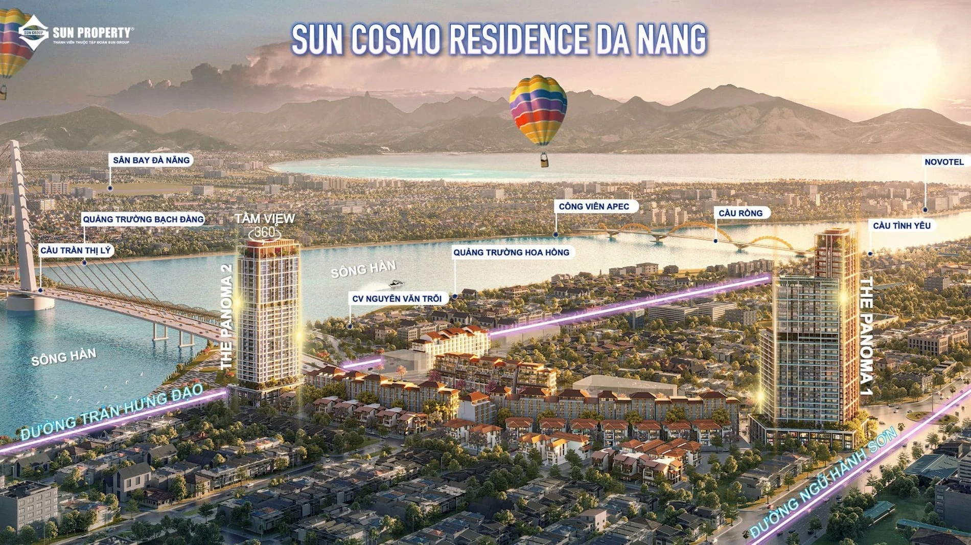 Phối cảnh vị trí thực tế của Sun Cosmo Residence với 4 mặt tiền đường và tầm nhìn bao trọn sông Hàn, cầu Trần Thị Lý