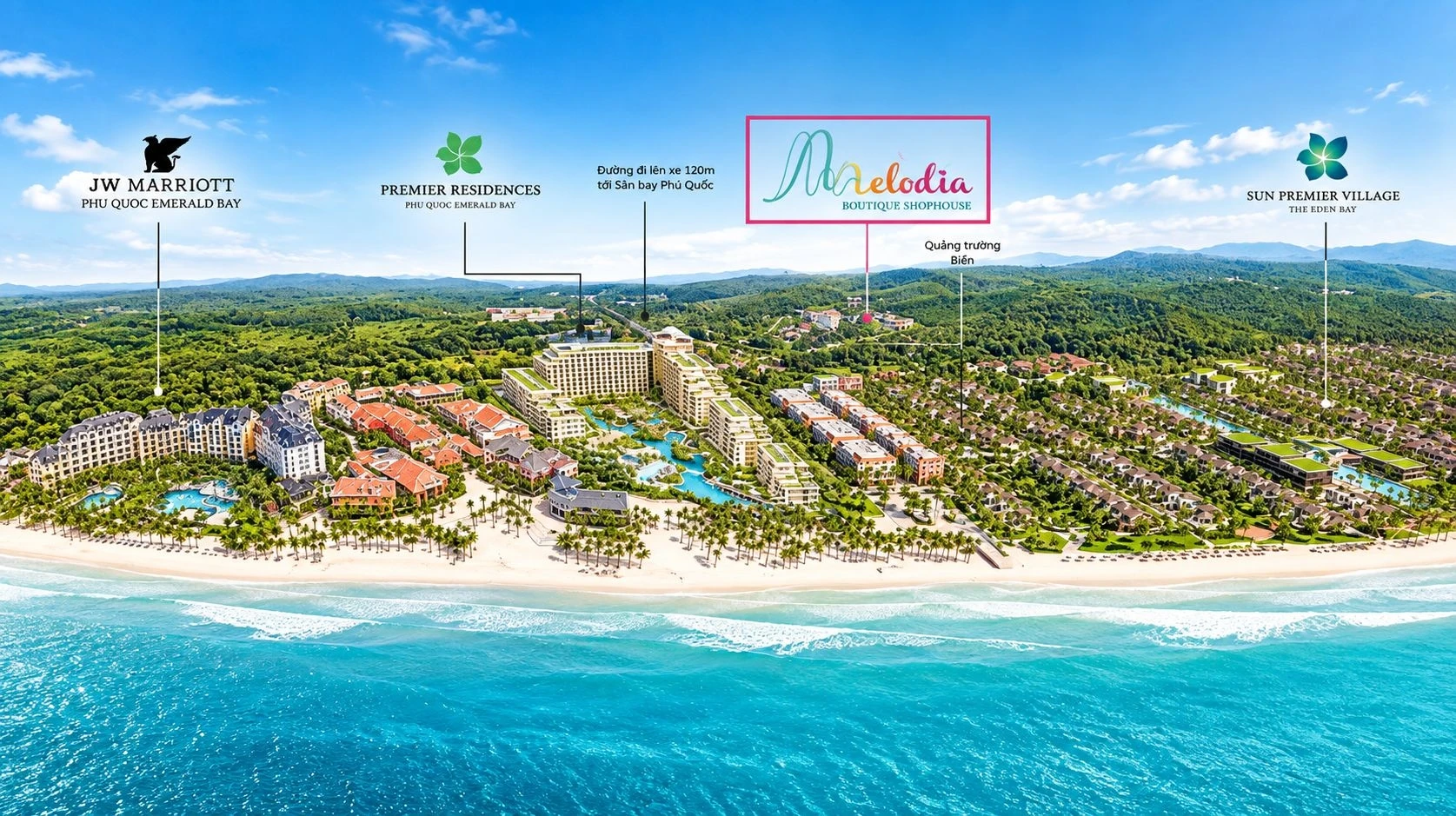 Toàn cảnh vị trí Sun Premier Village Kem Beach Resort liền kề JW Marriott và Premier Residences tại Bãi Kem.
