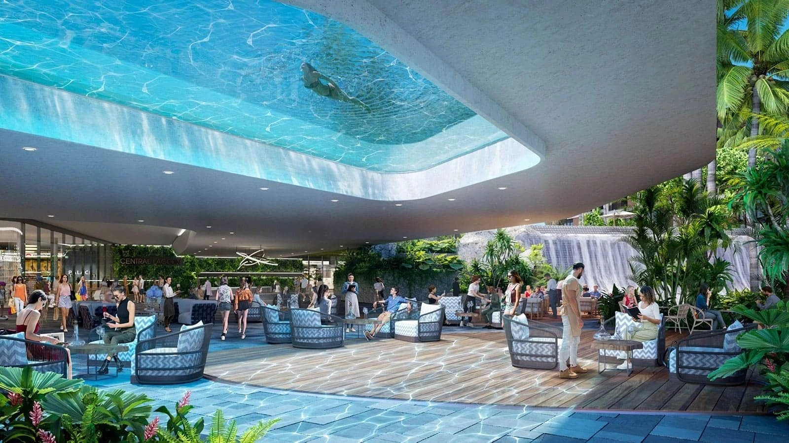 Khu vực lounge thư giãn với trần nhà là đáy kính của hồ bơi phía trên