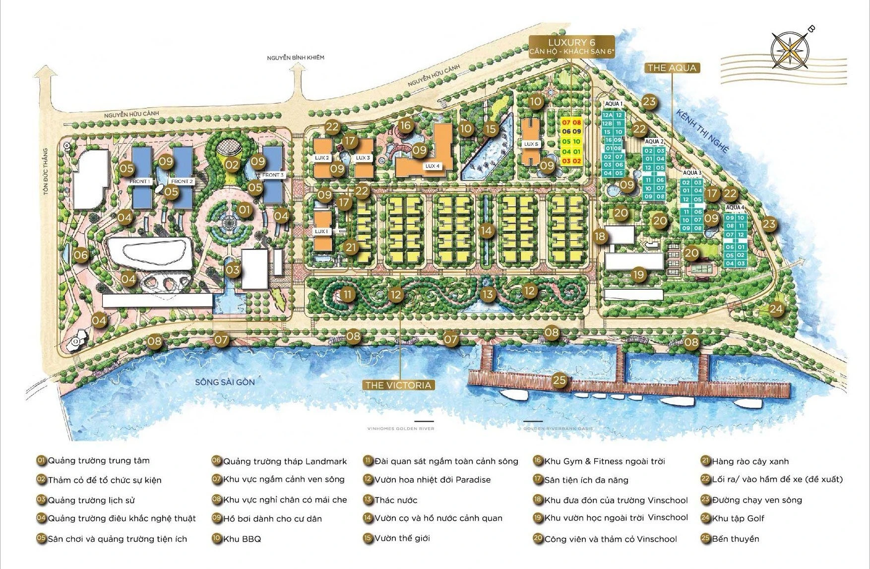 Bản đồ quy hoạch mặt bằng tổng thể dự án Vinhomes Golden River, hiển thị vị trí phân khu The Aqua và Tòa Aqua 1 gần kênh Thị Nghè.
