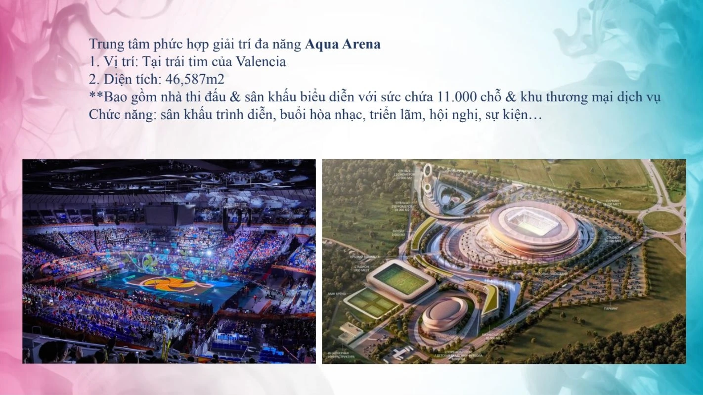 Thiết kế kiến trúc bên ngoài và không gian sự kiện bên trong trung tâm Aqua Arena.