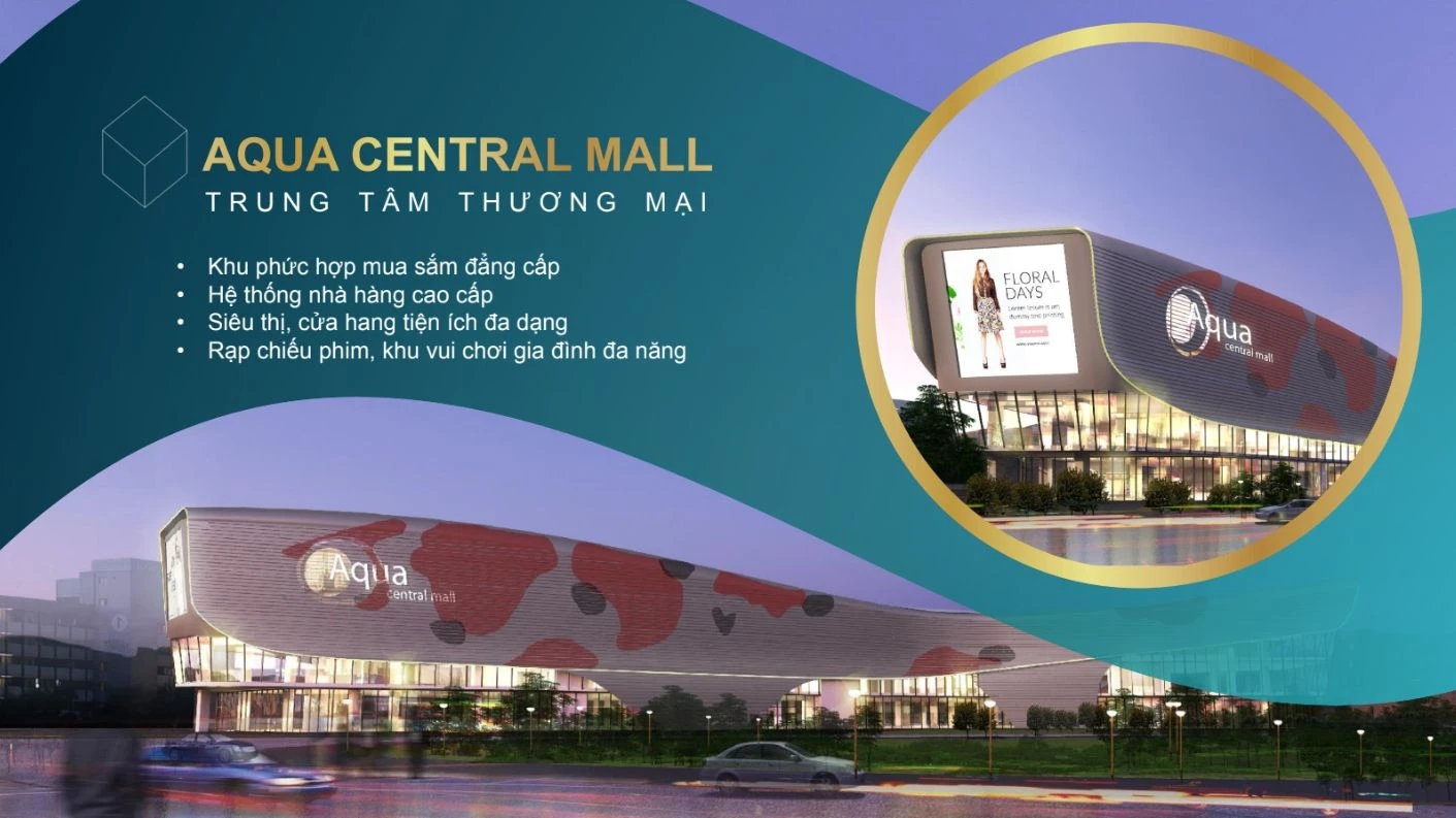 Phối cảnh kiến trúc hiện đại của trung tâm thương mại Aqua Central Mall vào ban đêm