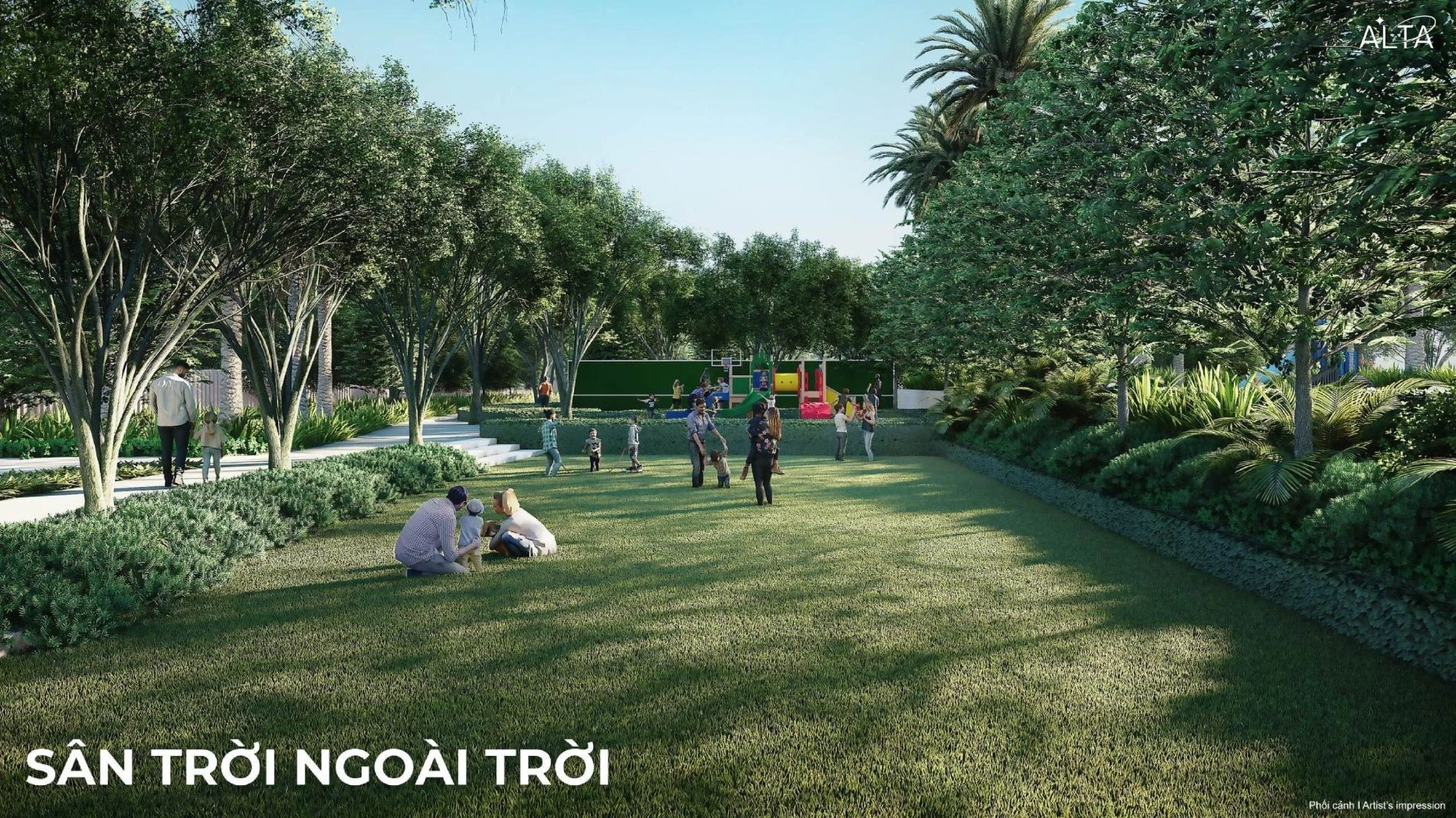 Bãi cỏ xanh mướt tại khu vực sân chơi ngoài trời The 9 Stellars