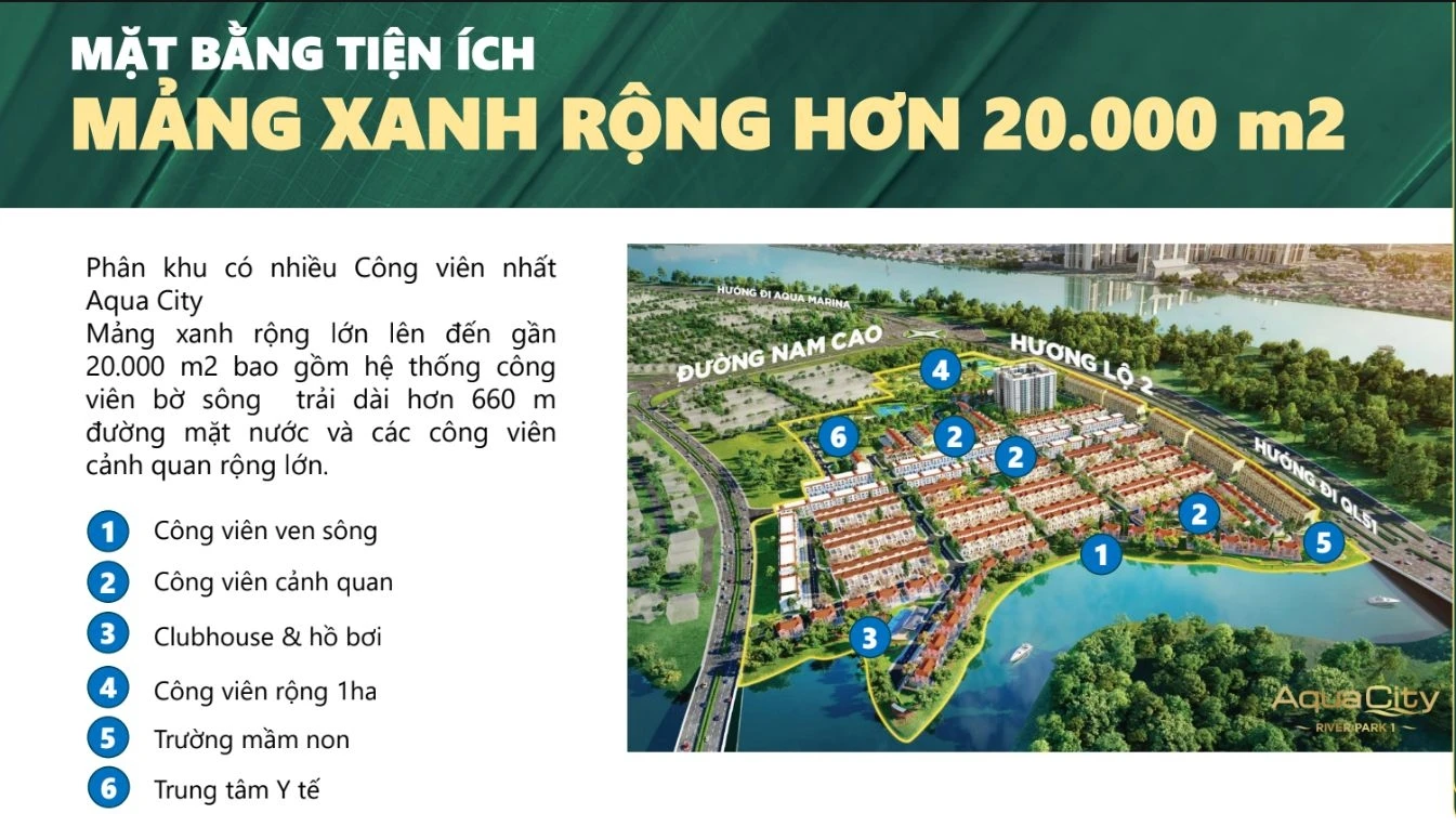 Sơ đồ phân bố hệ thống mảng xanh và tiện ích nội khu rộng hơn 20.000 m2 tại phân khu River Park 1.