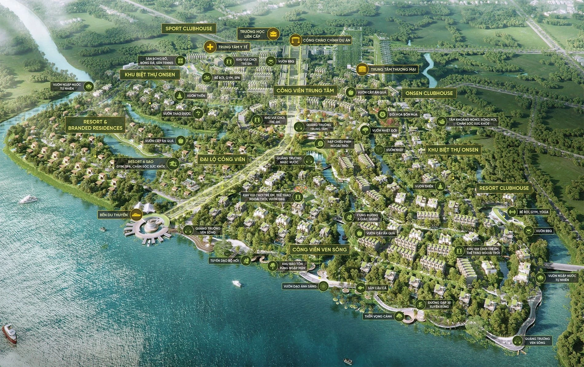 Sơ đồ tổng thể bố trí hệ sinh thái tiện ích tại dự án Eco Village Saigon River Đồng Nai
