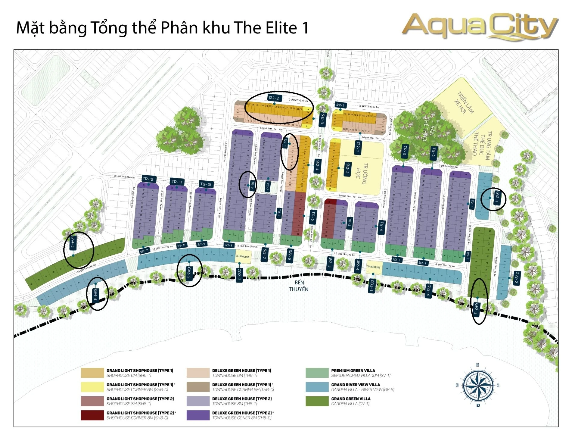 Sơ đồ mặt bằng tổng thể phân khu Sun Harbor 3 The Elite 1 Aqua City thể hiện vị trí các dãy nhà phố shophouse và biệt thự