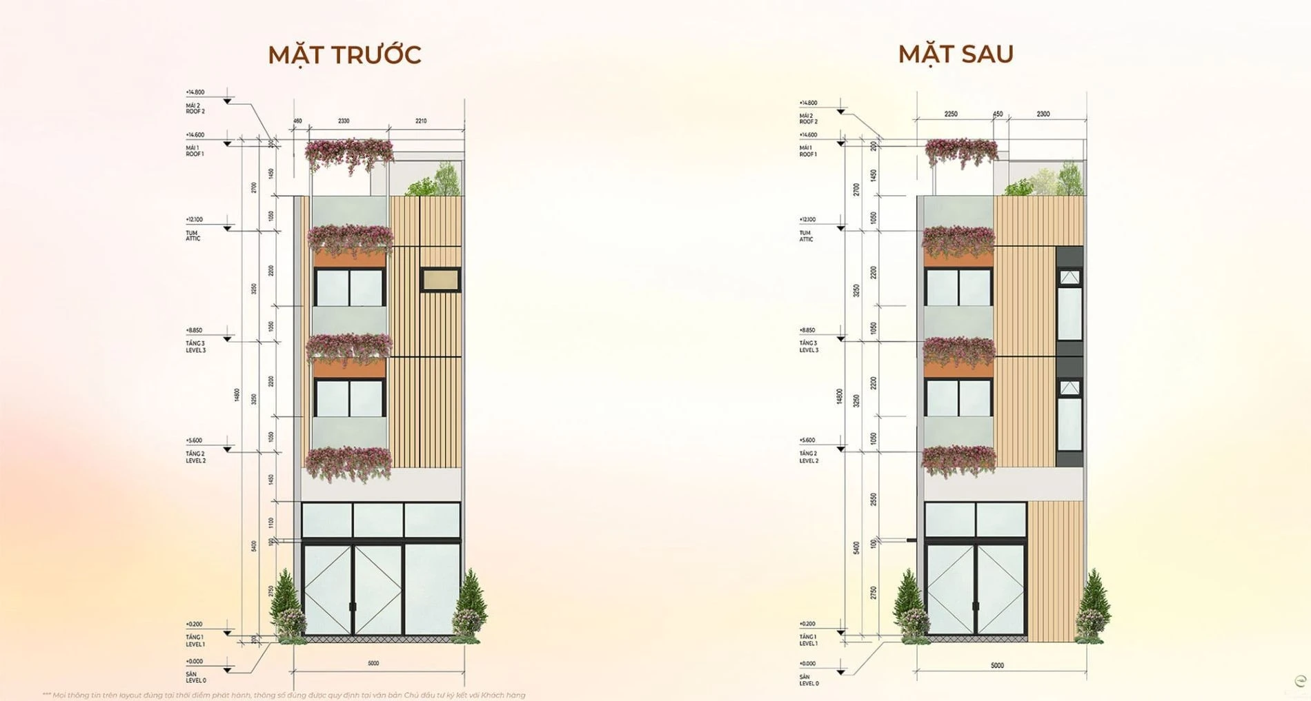 Bản vẽ thiết kế mặt đứng trước và sau của nhà phố River Townhouse tại Eco Village Saigon River