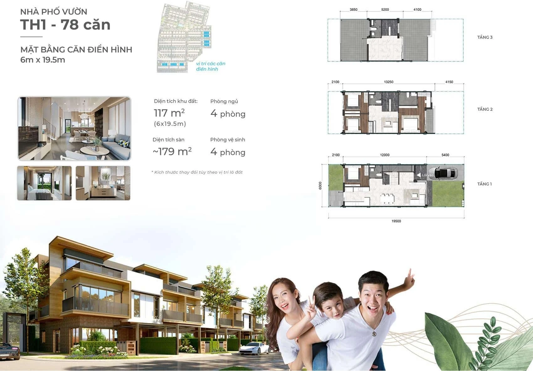 Bản vẽ mặt bằng nhà phố TH1 căn điển hình kích thước 6x19.5m