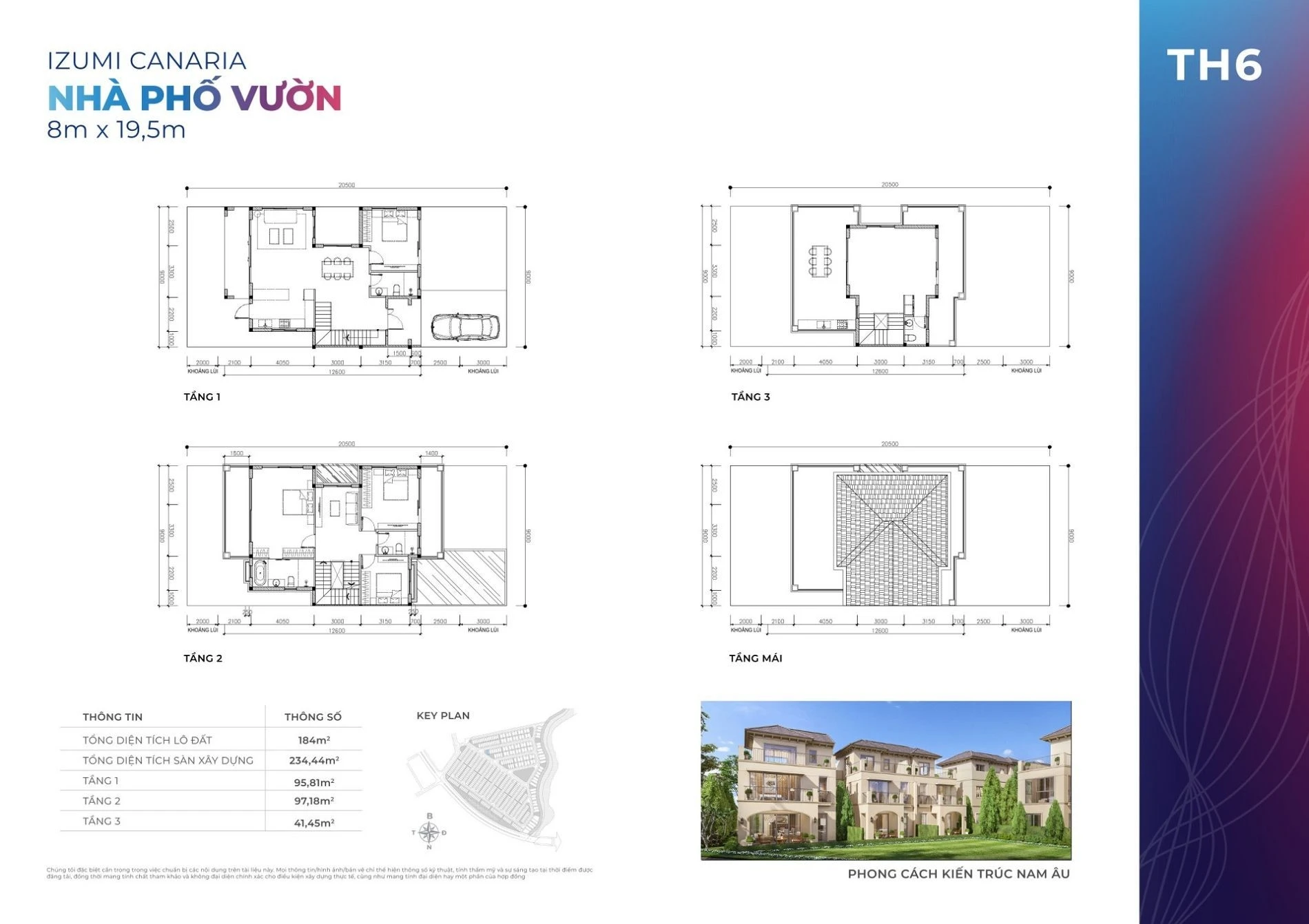 Bản vẽ mặt bằng nhà phố TH6 kích thước 8x19.5m tại phân khu Canaria