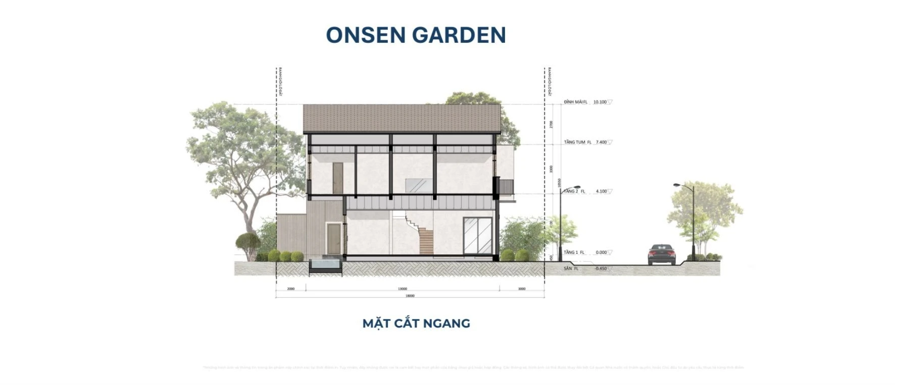 Sơ đồ bản vẽ mặt cắt ngang thể hiện chiều cao tầng và kết cấu của biệt thự Onsen Garden