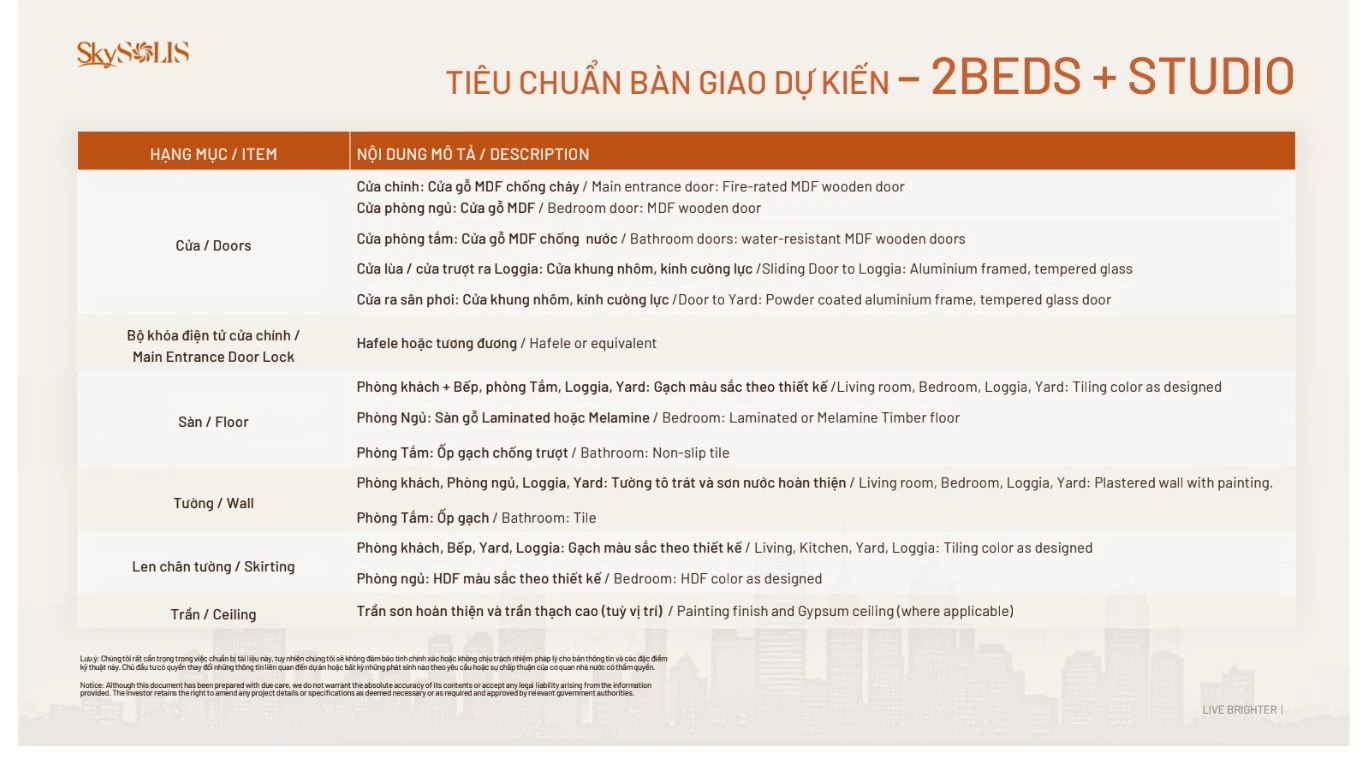 Bảng tiêu chuẩn bàn giao cửa, sàn, tường và trần cho căn hộ 2 phòng ngủ dự án Sky Solis.