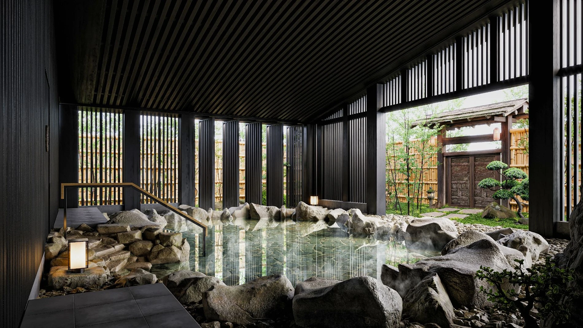 Bể tắm khoáng nóng được xếp đá tự nhiên mang lại cảm giác chân thực tại Onsen Village