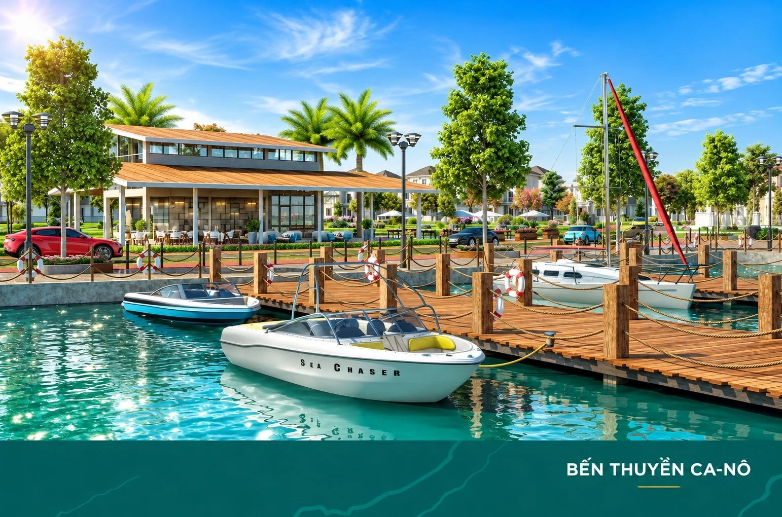 Khu vực bến thuyền ca nô nội khu với các phương tiện di chuyển đường thủy hiện đại