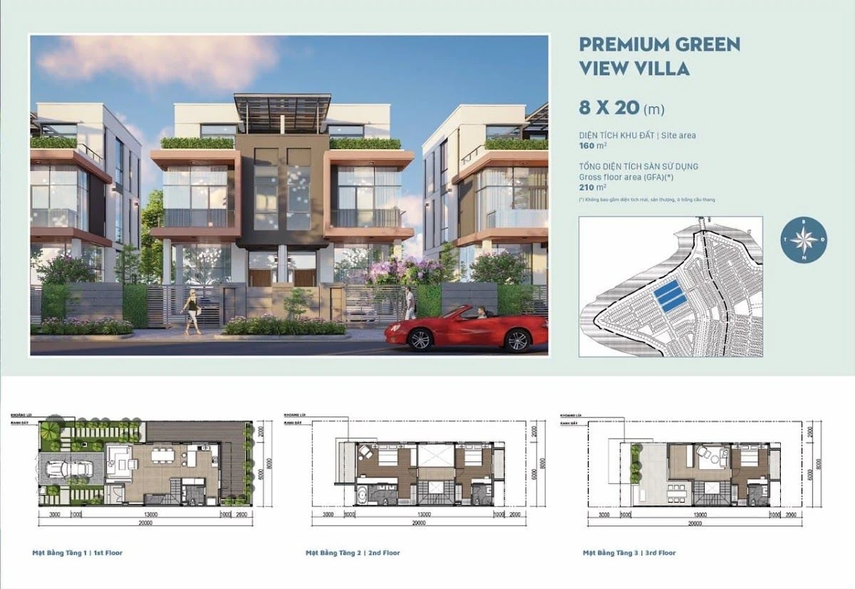 Phối cảnh và mặt bằng biệt thự Premium Green View Villa 8x20m