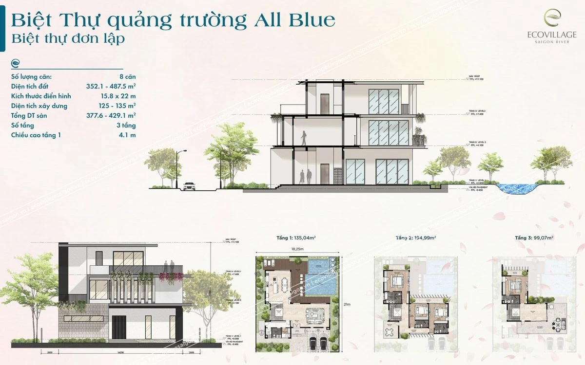 Sơ đồ mặt bằng 3 tầng và bản vẽ mặt cắt của biệt thự đơn lập phân khu All Blue