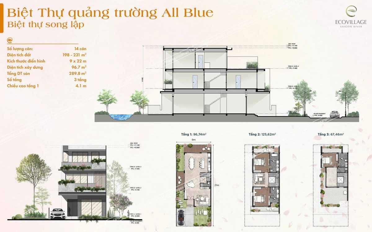 Layout mặt bằng 3 tầng và mặt cắt của biệt thự song lập quảng trường All Blue
