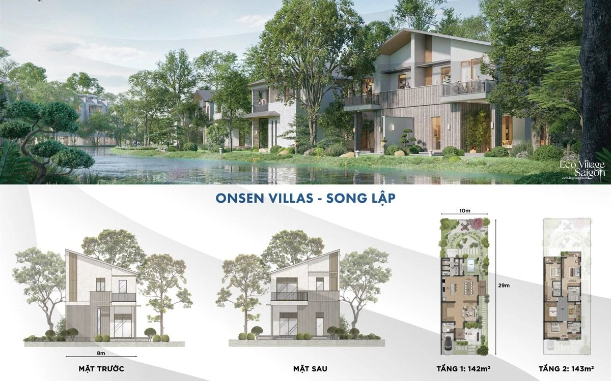 Phối cảnh và layout mặt bằng biệt thự song lập Onsen Villas tích hợp hồ khoáng nóng