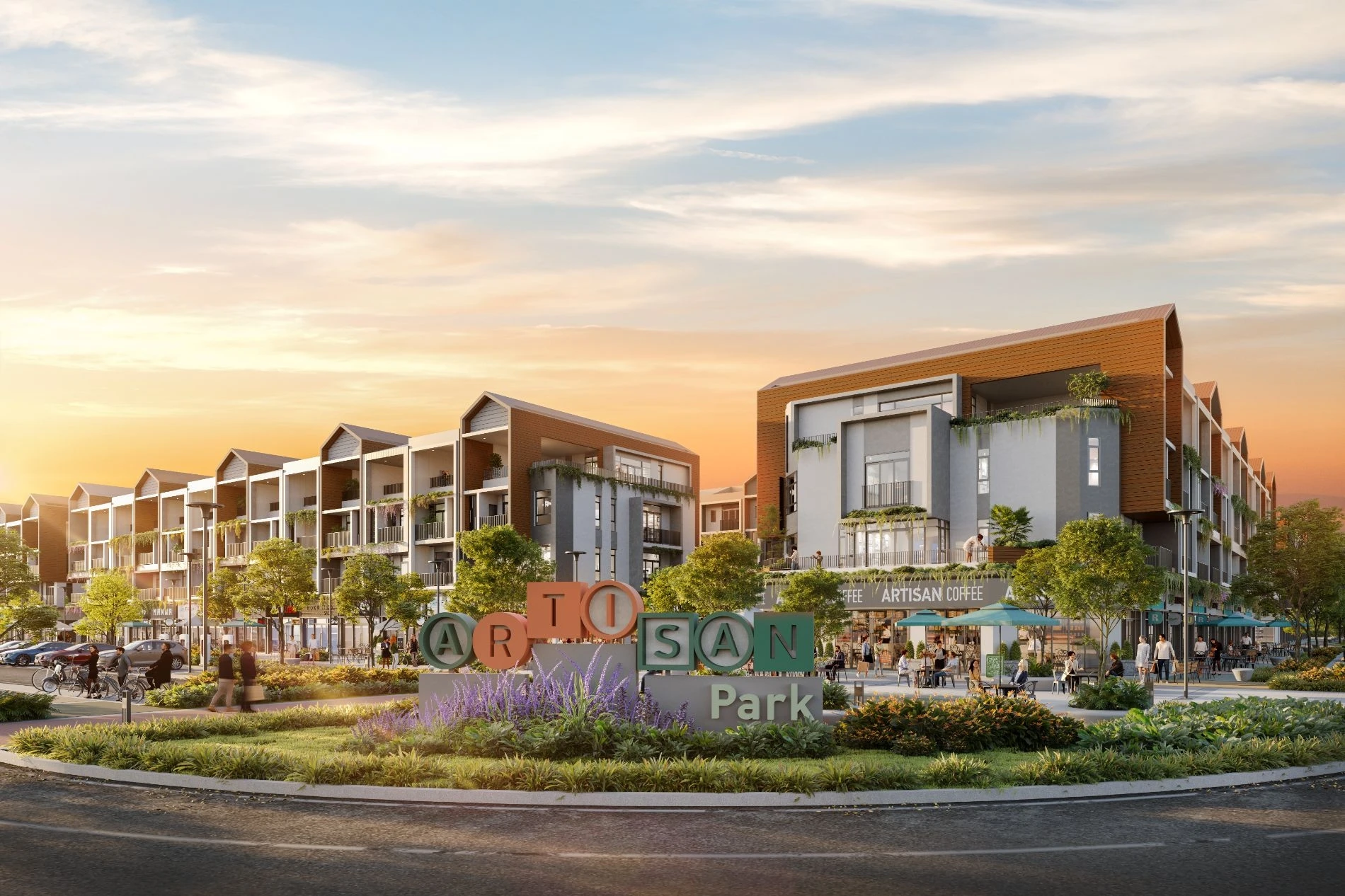 Bảng tên biểu tượng Artisan Park đặt tại vòng xoay trung tâm dự án