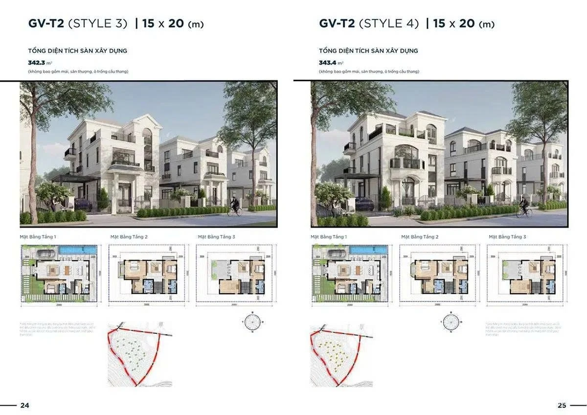 Sơ đồ bố trí công năng biệt thự GV-T2 Style 3 và 4 diện tích 300m2 dự án Aqua City.
