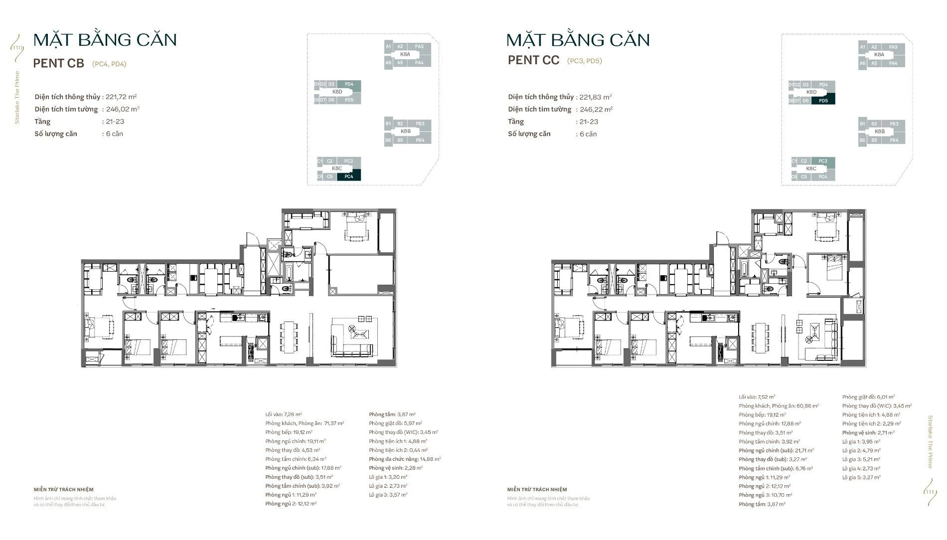 Bản vẽ bóc tách mặt bằng siêu phẩm Penthouse mã CB và CC diện tích trên 221 m2