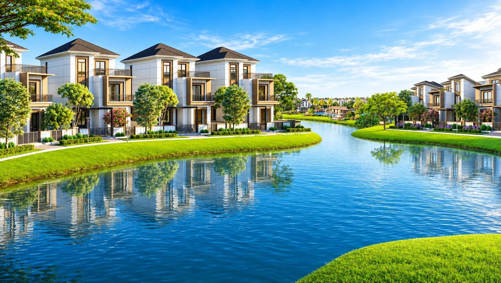 Các dãy biệt thự ven sông với mảng xanh rộng lớn tại phân khu Ever Green 3
