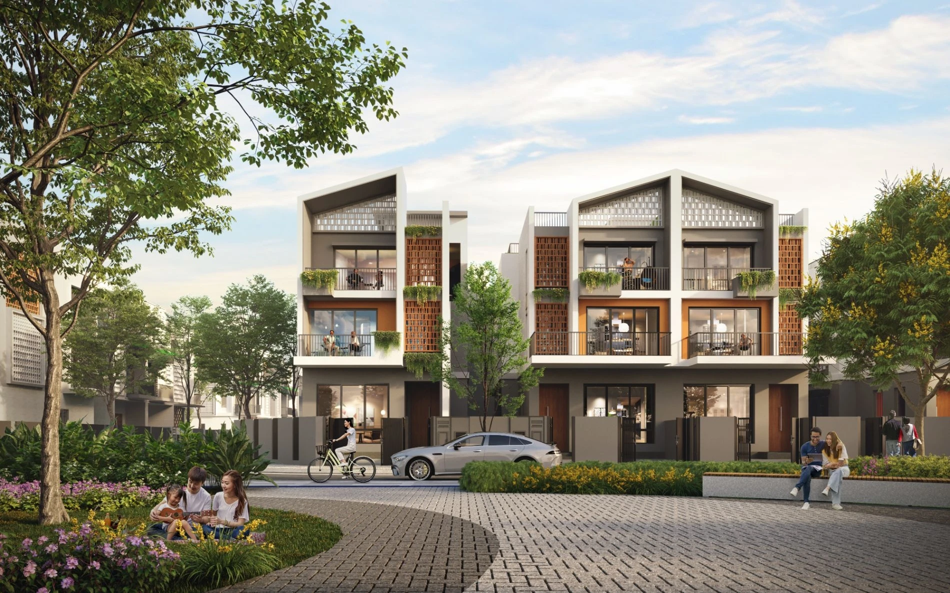 Thiết kế mặt ngoài nhà phố The Meadow liền kề khu vực công viên cây xanh