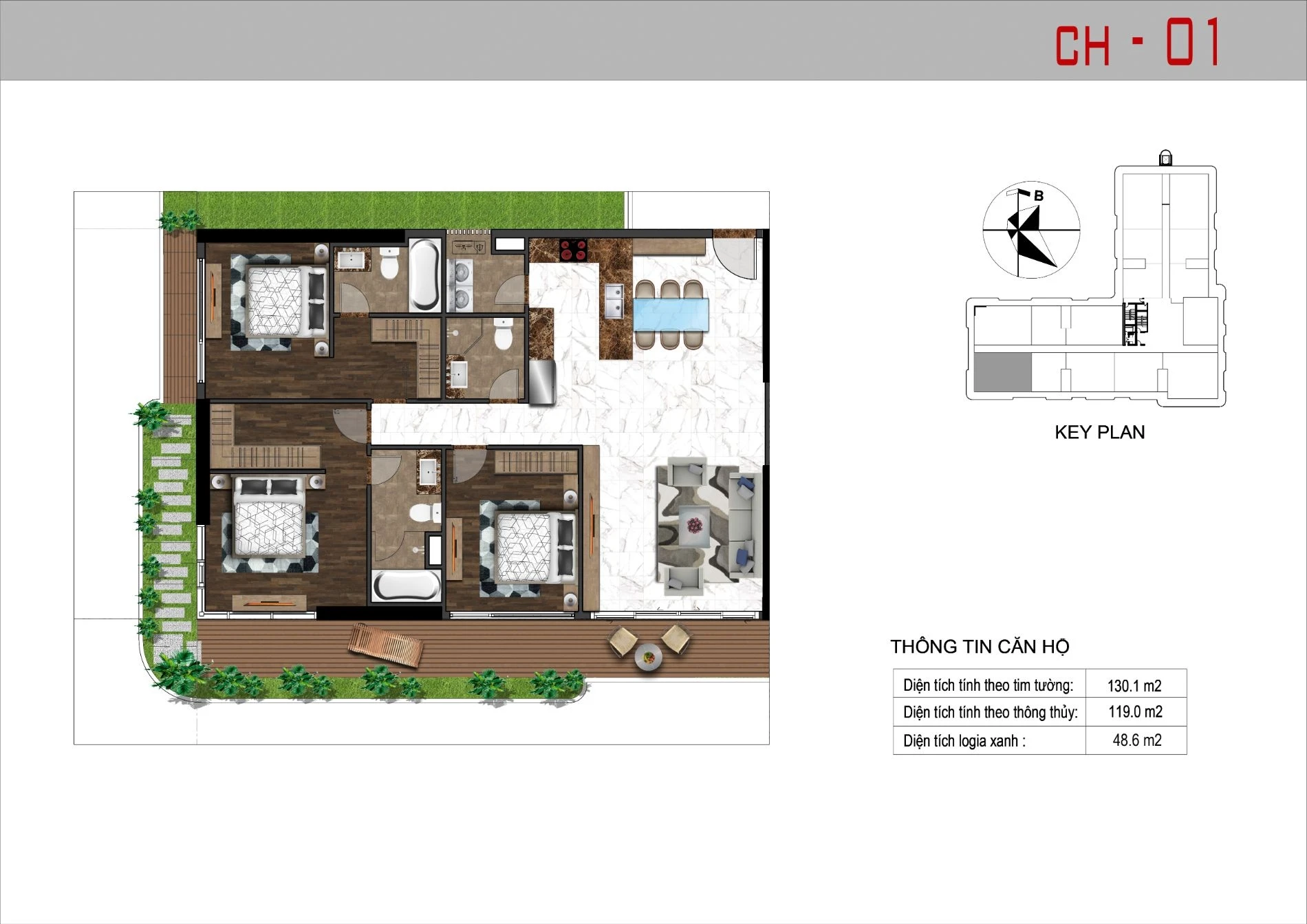 Layout thiết kế căn hộ 01 loại 3 phòng ngủ diện tích 130.1 m2 dự án Sunshine Horizon