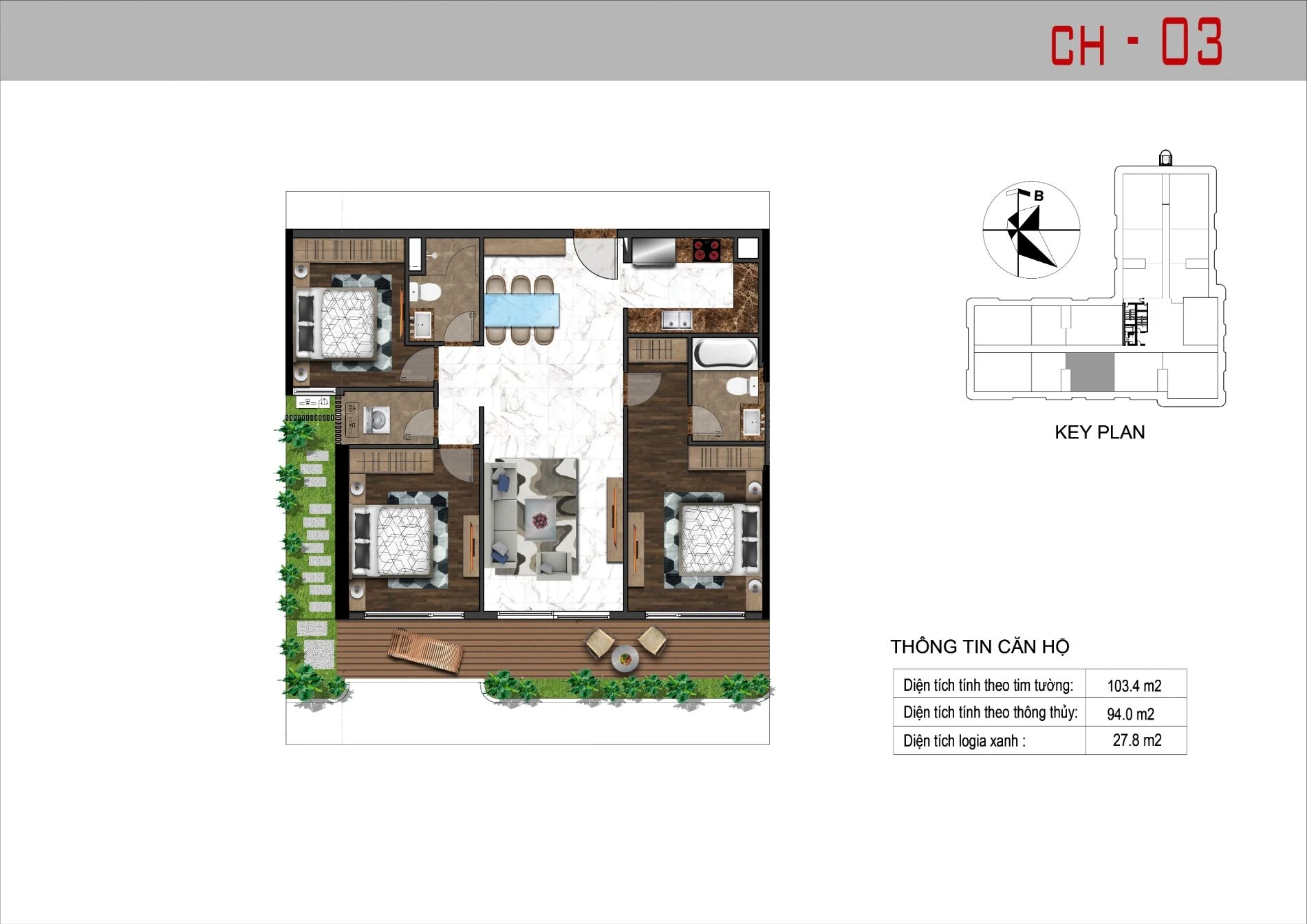 Layout thiết kế căn hộ 03 loại 3 phòng ngủ diện tích 103.4 m2 dự án Sunshine Horizon