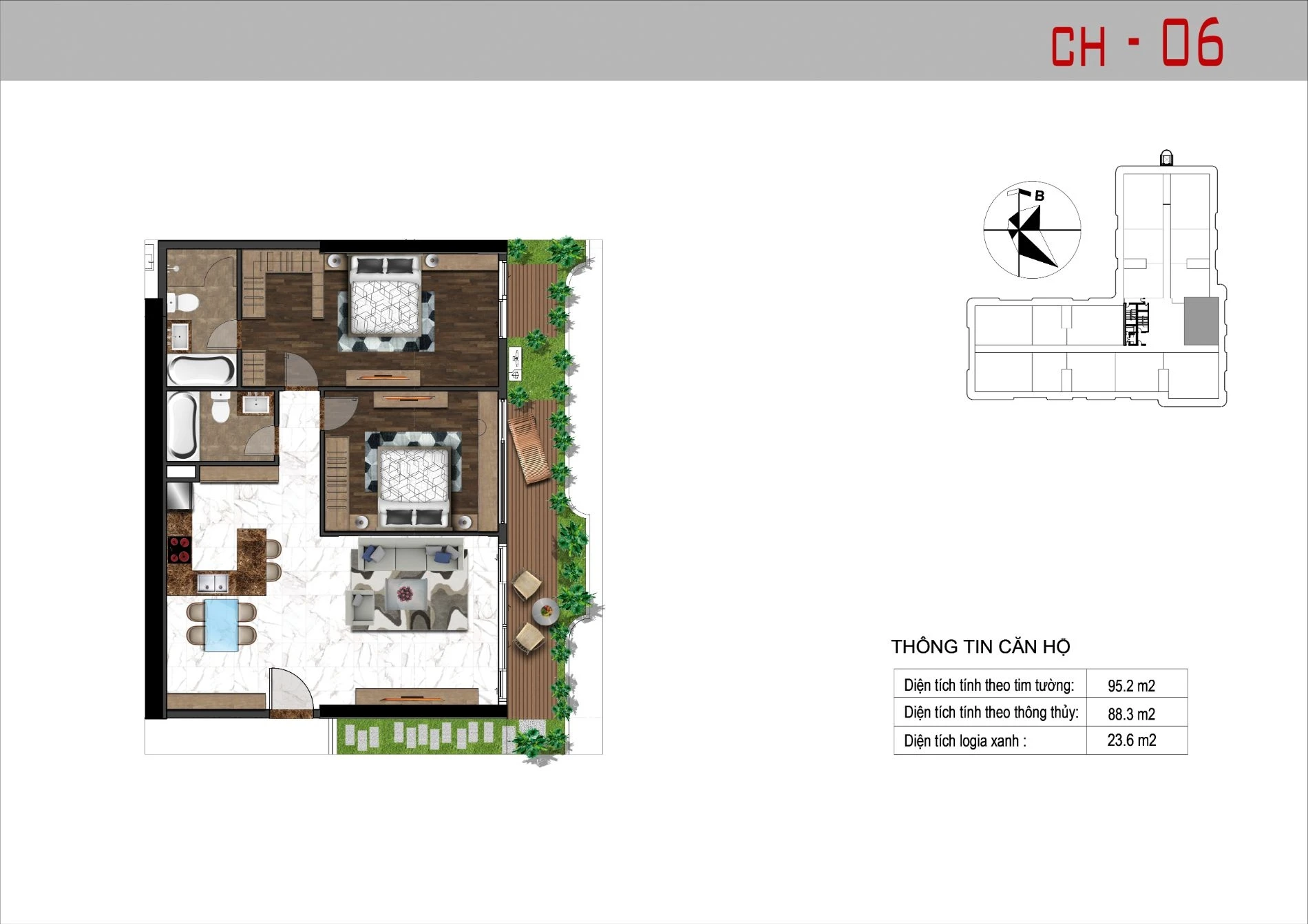 Layout thiết kế căn hộ 06 loại 3 phòng ngủ diện tích 95.2 m2 dự án Sunshine Horizon