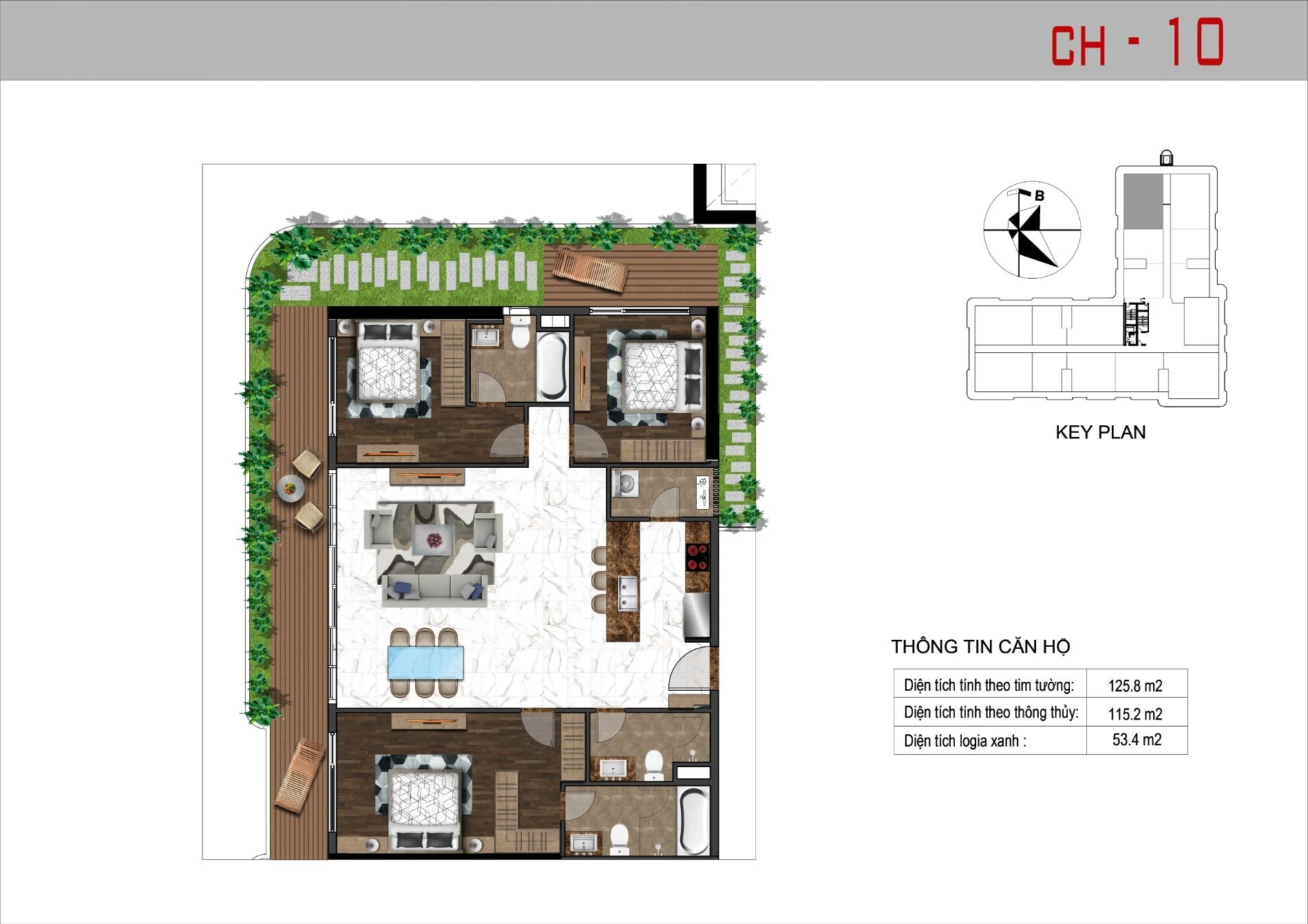 Layout thiết kế căn hộ 10 loại 3 phòng ngủ diện tích 125.8 m2 dự án Sunshine Horizon