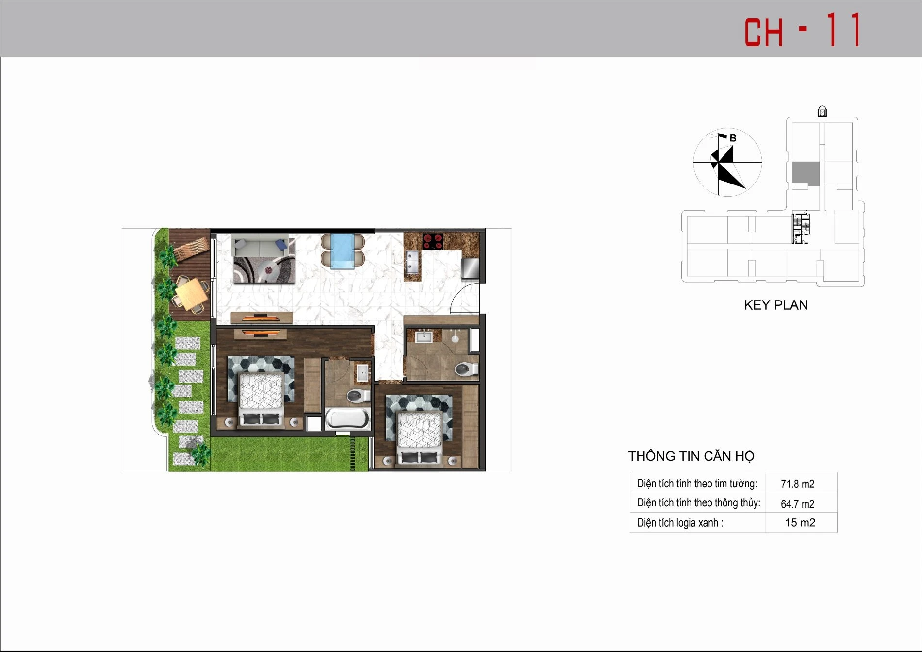 Layout thiết kế căn hộ 11 loại 2 phòng ngủ diện tích 71.8 m2 dự án Sunshine Horizon