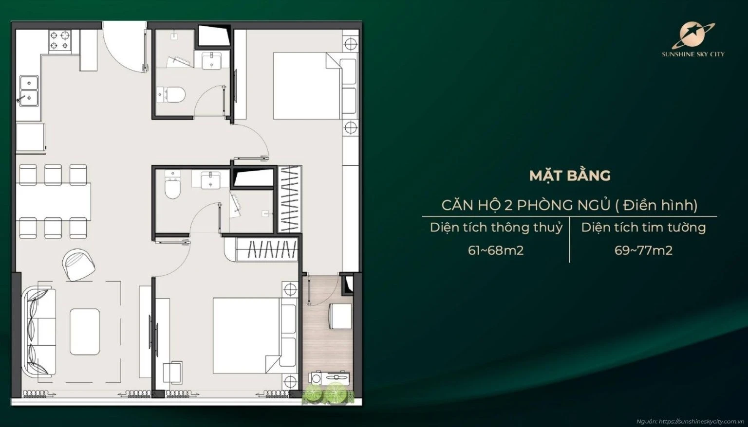 Bản vẽ layout thiết kế căn hộ 2 phòng ngủ dự án Sunshine City Sài Gòn