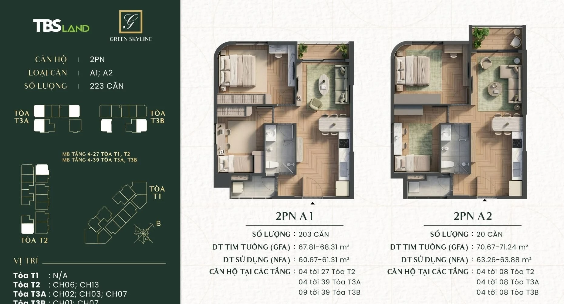 Bản vẽ bóc mái căn hộ 2 phòng ngủ tiêu chuẩn loại A1 và A2