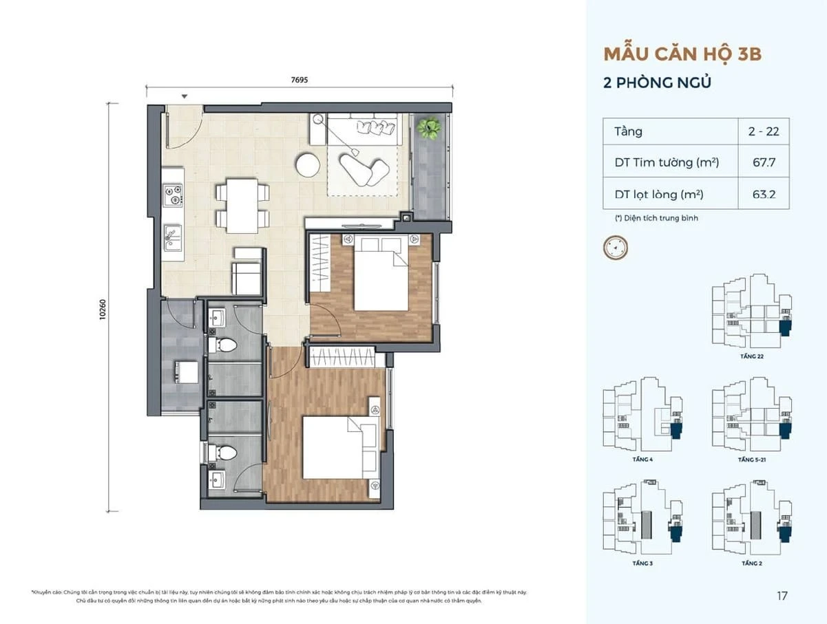 Sơ đồ mặt bằng căn hộ 2 phòng ngủ loại 3B diện tích 67.7 m2 dự án Precia