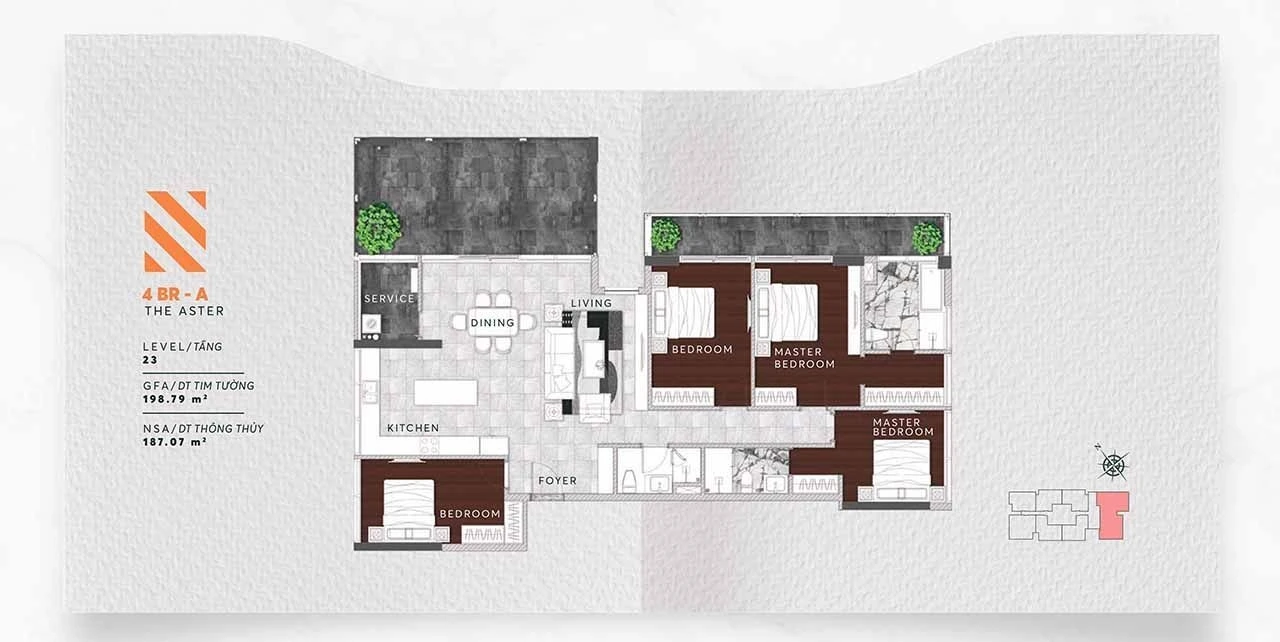 Bản vẽ layout căn hộ 4 phòng ngủ hạng sang tại tháp The Aster Urban Green